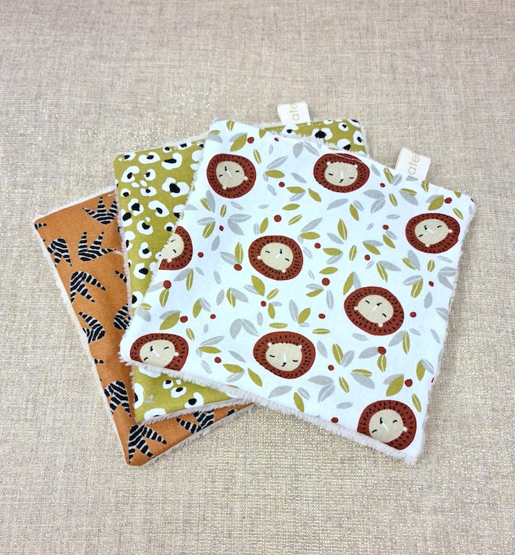 Maxi lingettes en lot de 3 / Cotons lavables / Motifs animaux