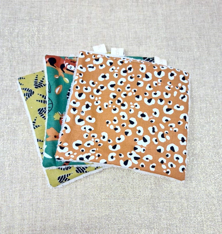 Maxi lingettes en lot de 3 / Cotons lavables / Motifs animaux