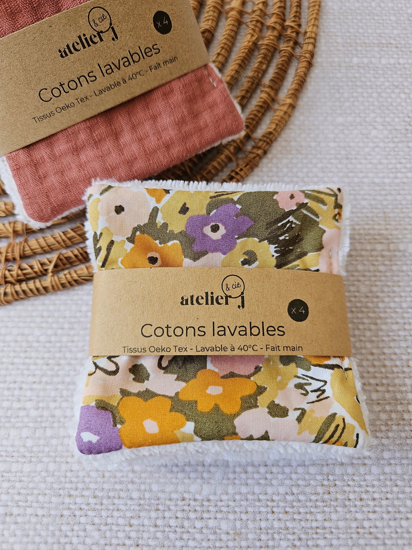 Coton démaquillant lavable fait main tissu fleuri coloré – Atelier J