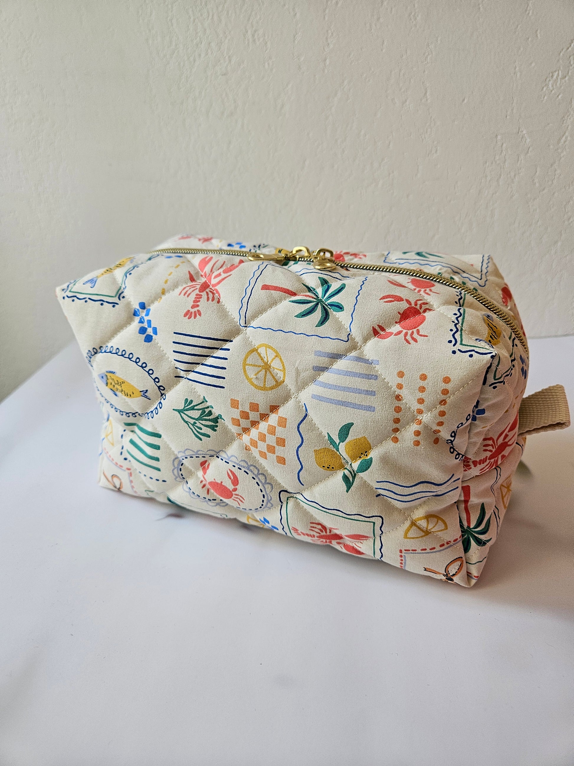 Trousse de toilette fait main tissu écru motifs bord de mer – Atelier J